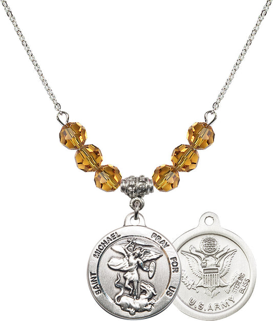 Sterling Silver Saint Michael / Army Birthstone Necklace with Topaz Beads - 0342