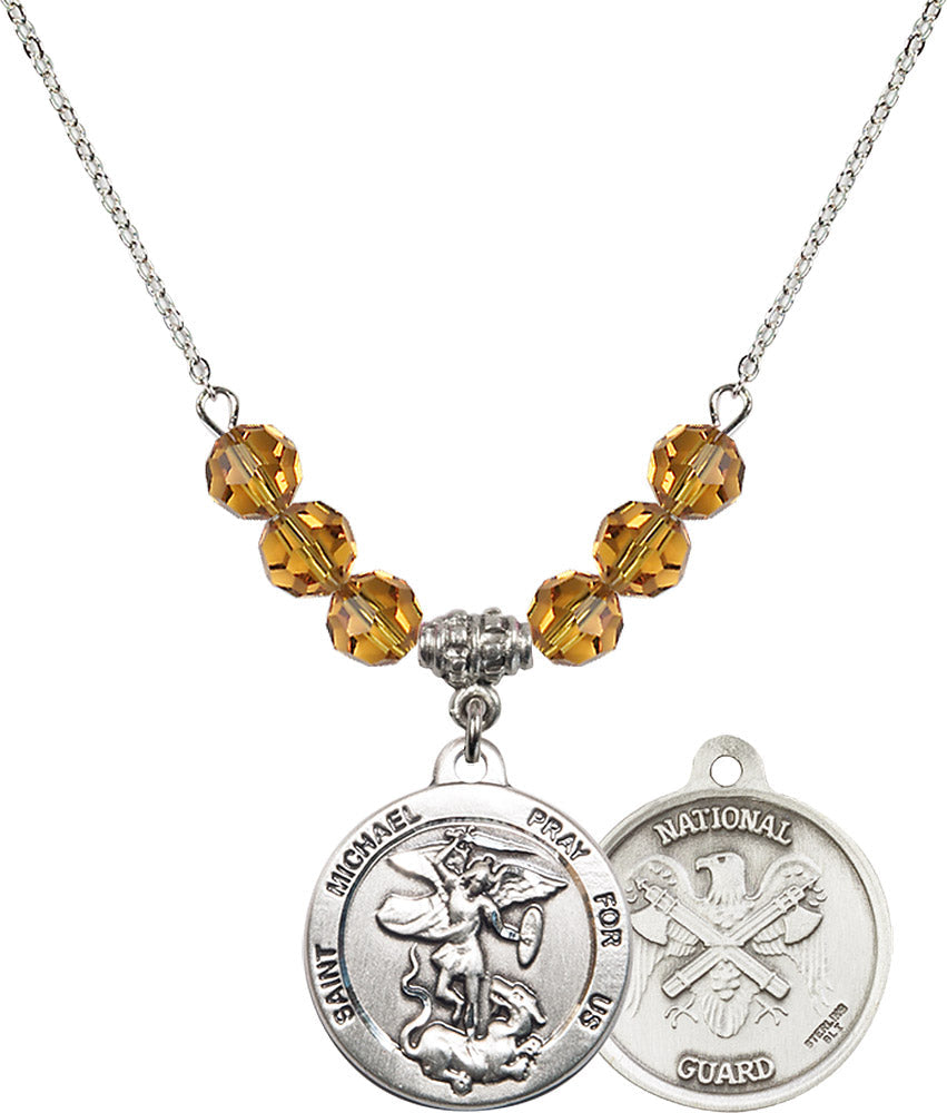 Sterling Silver Saint Michael / Nat'l Guard Birthstone Necklace with Topaz Beads - 0342