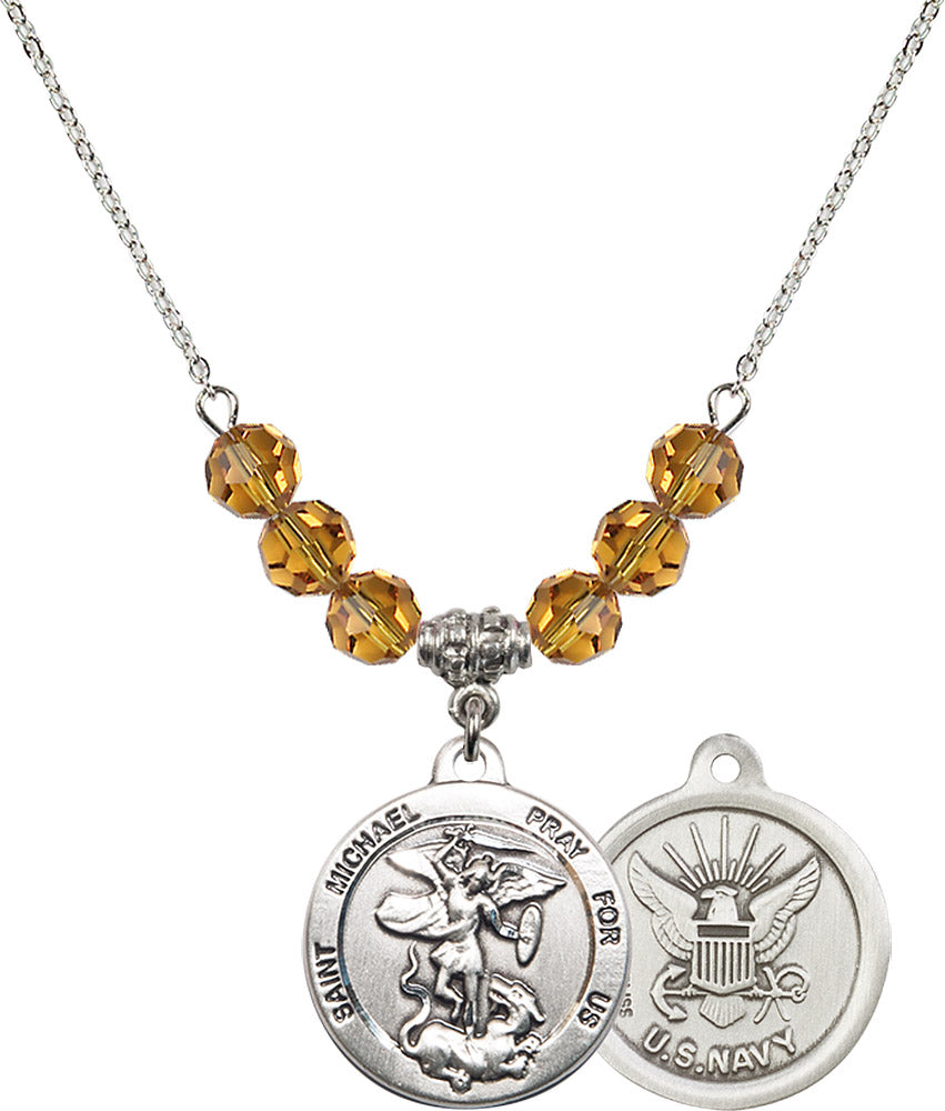 Sterling Silver Saint Michael / Navy Birthstone Necklace with Topaz Beads - 0342