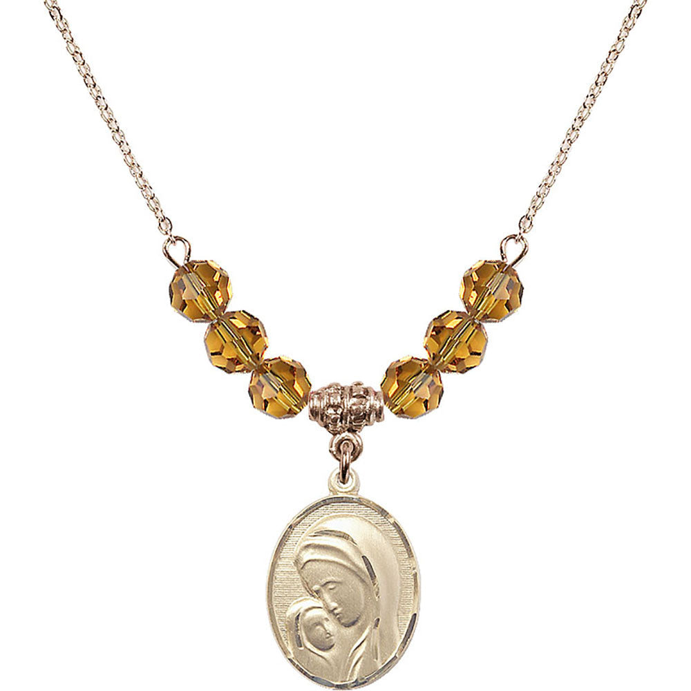 14kt Gold Filled Madonna & Child Birthstone Necklace with Topaz Beads - 0447
