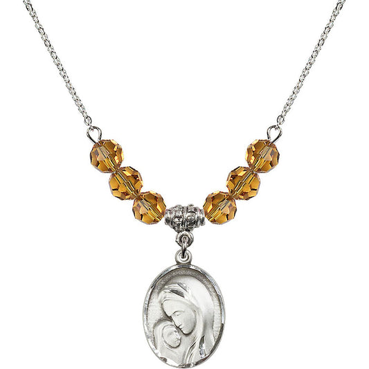 Sterling Silver Madonna & Child Birthstone Necklace with Topaz Beads - 0447