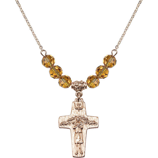14kt Gold Filled Papal Crucifix Birthstone Necklace with Topaz Beads - 0569