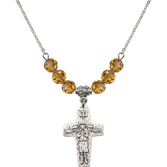 Sterling Silver Papal Crucifix Birthstone Necklace with Topaz Beads - 0569
