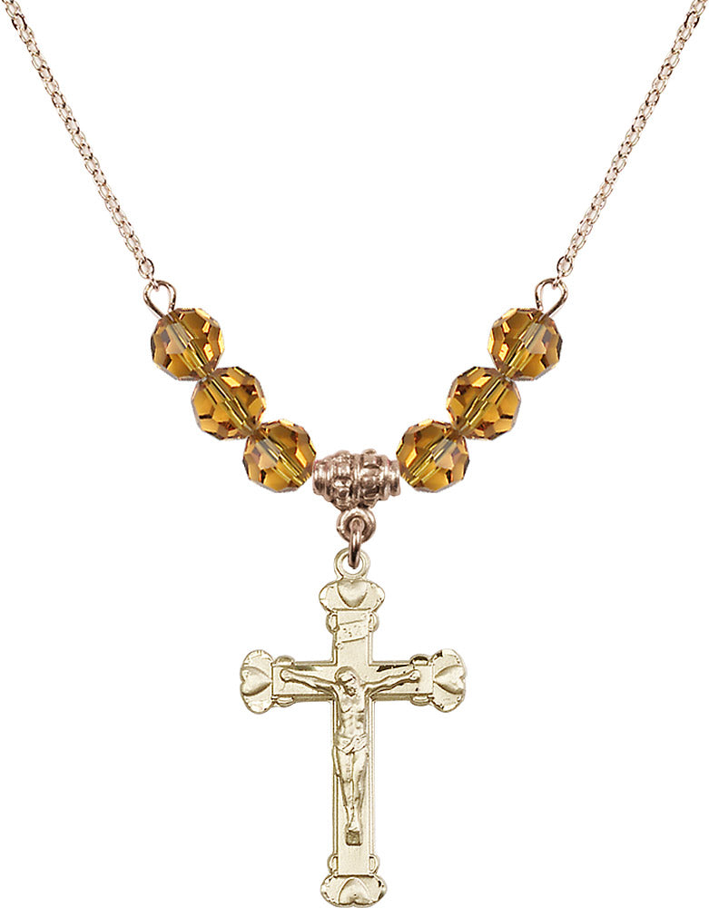 14kt Gold Filled Crucifix Birthstone Necklace with Topaz Beads - 0620