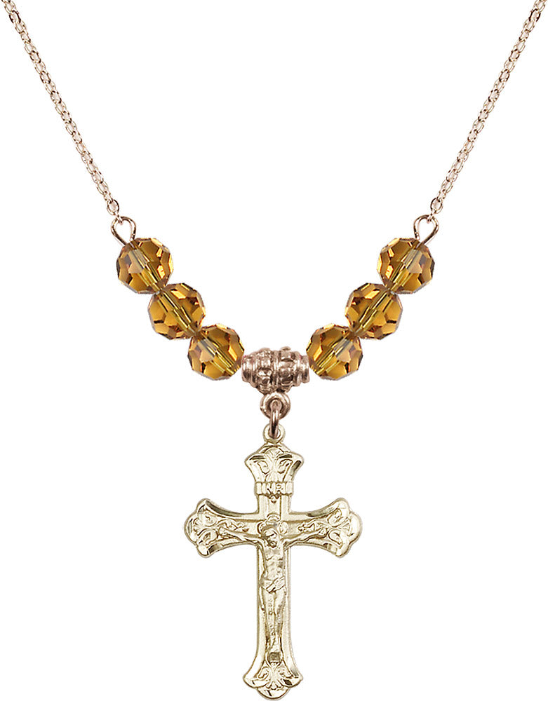 14kt Gold Filled Crucifix Birthstone Necklace with Topaz Beads - 0622