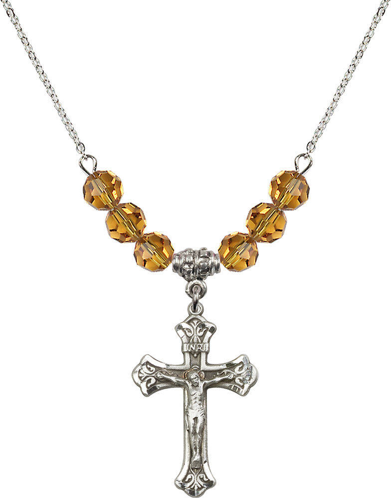 Sterling Silver Crucifix Birthstone Necklace with Topaz Beads - 0622