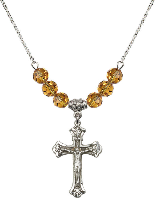 Sterling Silver Crucifix Birthstone Necklace with Topaz Beads - 0622