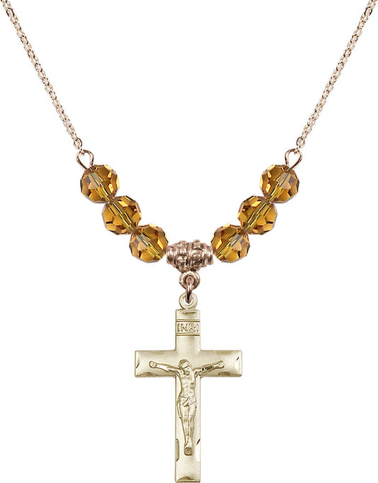 14kt Gold Filled Crucifix Birthstone Necklace with Topaz Beads - 0624