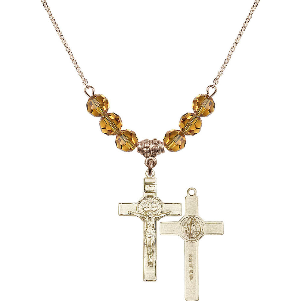 14kt Gold Filled Saint Benedict Crucifix Birthstone Necklace with Topaz Beads - 0625