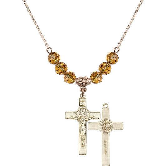 14kt Gold Filled Saint Benedict Crucifix Birthstone Necklace with Topaz Beads - 0625