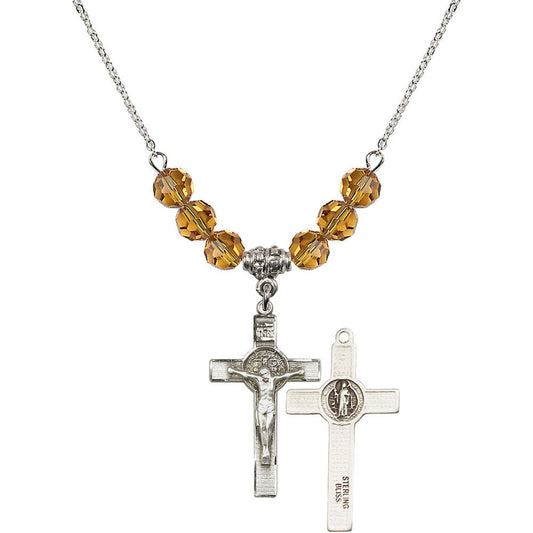 Sterling Silver Saint Benedict Crucifix Birthstone Necklace with Topaz Beads - 0625