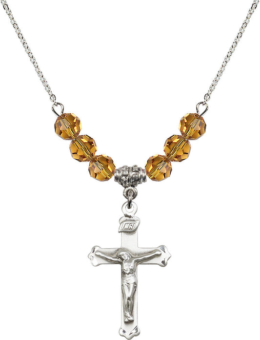 Sterling Silver Crucifix Birthstone Necklace with Topaz Beads - 0651