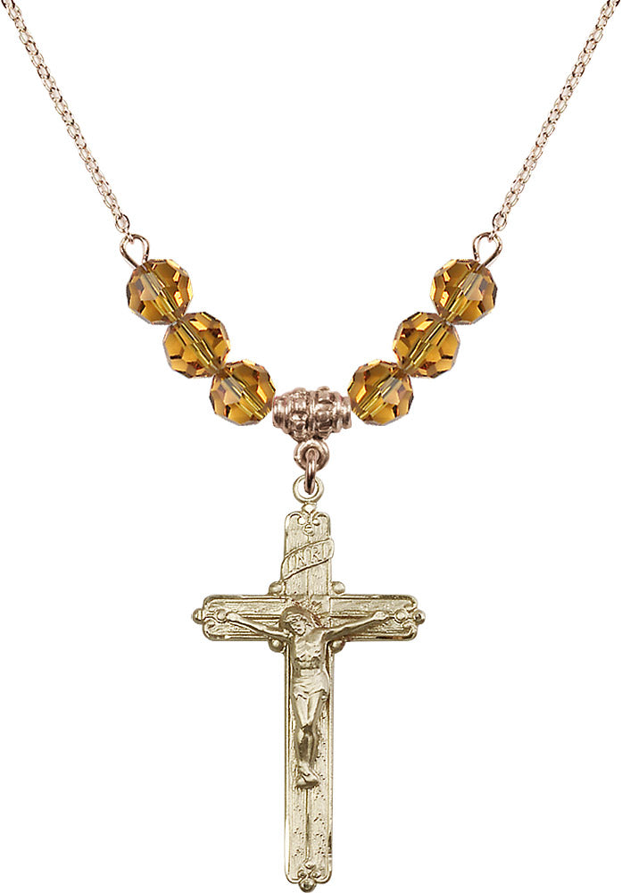 14kt Gold Filled Crucifix Birthstone Necklace with Topaz Beads - 0655