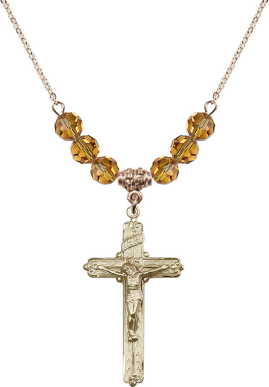 14kt Gold Filled Crucifix Birthstone Necklace with Topaz Beads - 0655
