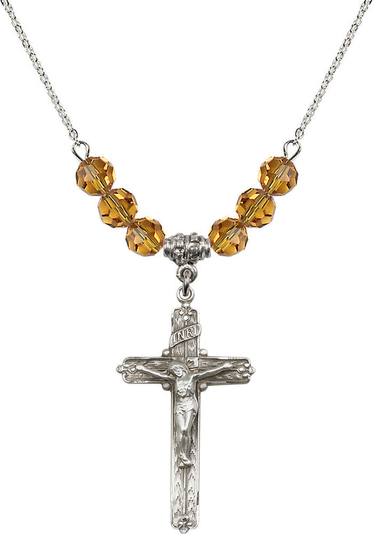 Sterling Silver Crucifix Birthstone Necklace with Topaz Beads - 0655