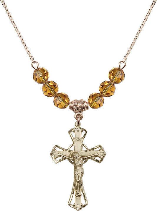 14kt Gold Filled Crucifix Birthstone Necklace with Topaz Beads - 0659