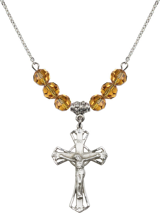 Sterling Silver Crucifix Birthstone Necklace with Topaz Beads - 0659
