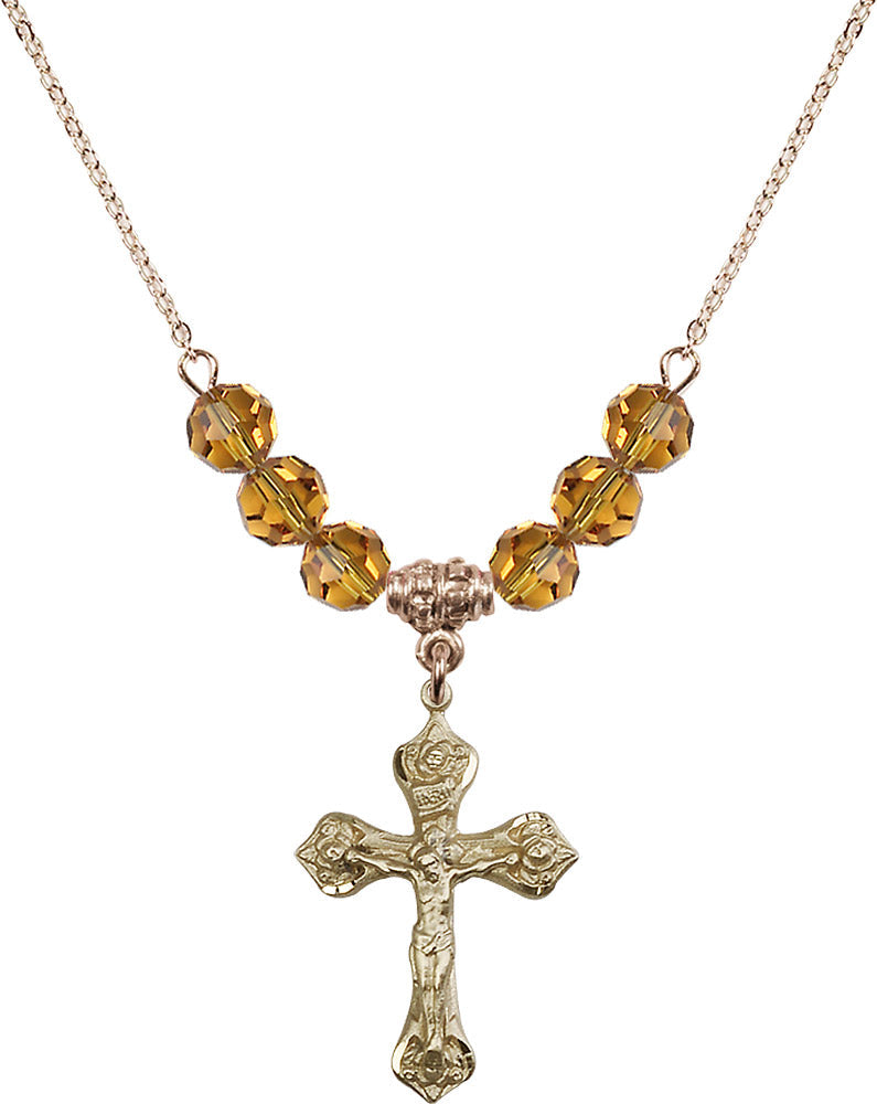 14kt Gold Filled Crucifix Birthstone Necklace with Topaz Beads - 0662