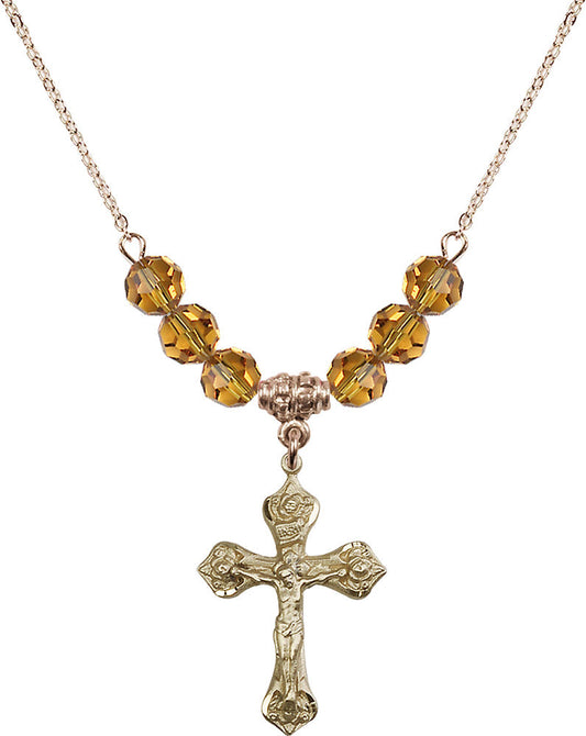 14kt Gold Filled Crucifix Birthstone Necklace with Topaz Beads - 0662