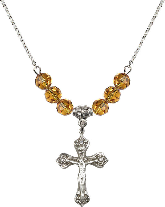Sterling Silver Crucifix Birthstone Necklace with Topaz Beads - 0662