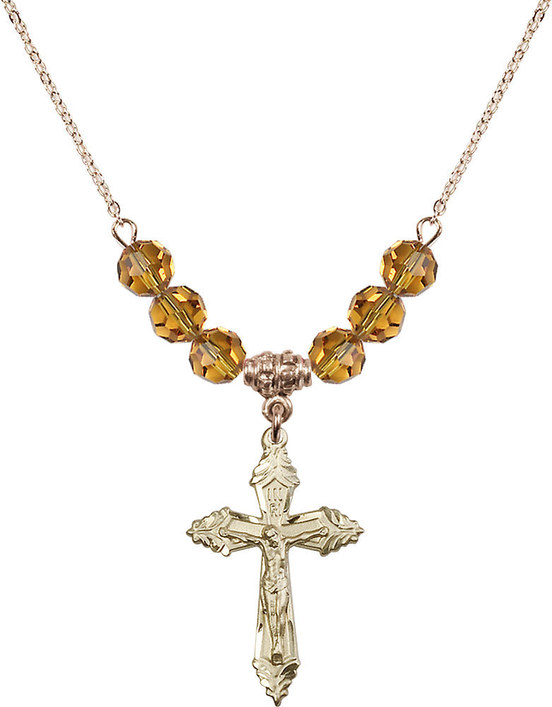 14kt Gold Filled Crucifix Birthstone Necklace with Topaz Beads - 0665