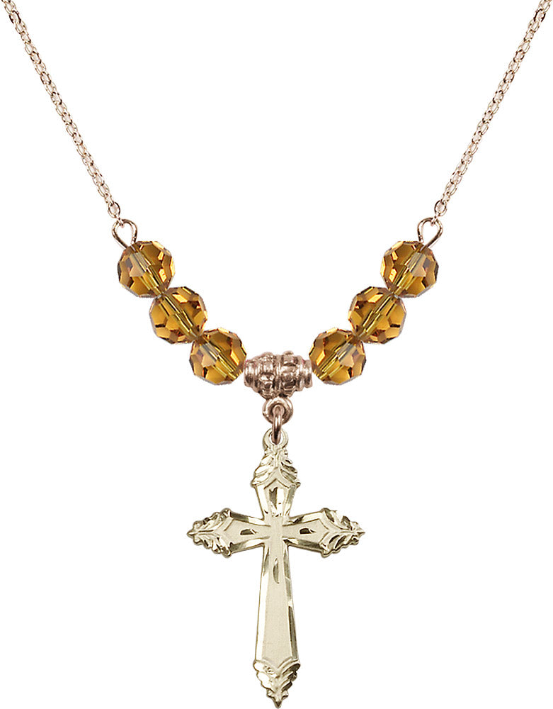 14kt Gold Filled Cross Birthstone Necklace with Topaz Beads - 0665