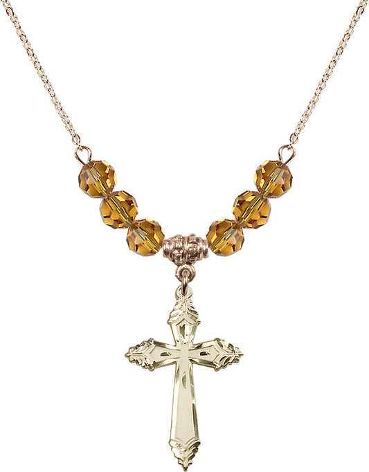 14kt Gold Filled Cross Birthstone Necklace with Topaz Beads - 0665