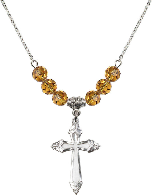 Sterling Silver Cross Birthstone Necklace with Topaz Beads - 0665