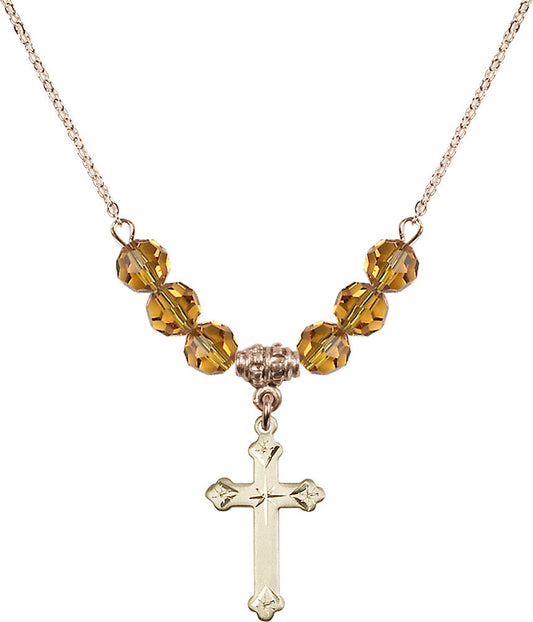 14kt Gold Filled Cross Birthstone Necklace with Topaz Beads - 0667