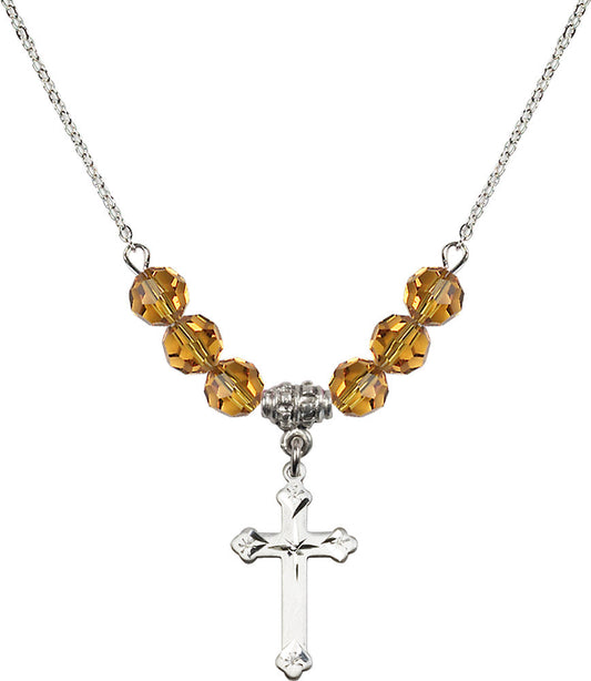 Sterling Silver Cross Birthstone Necklace with Topaz Beads - 0667