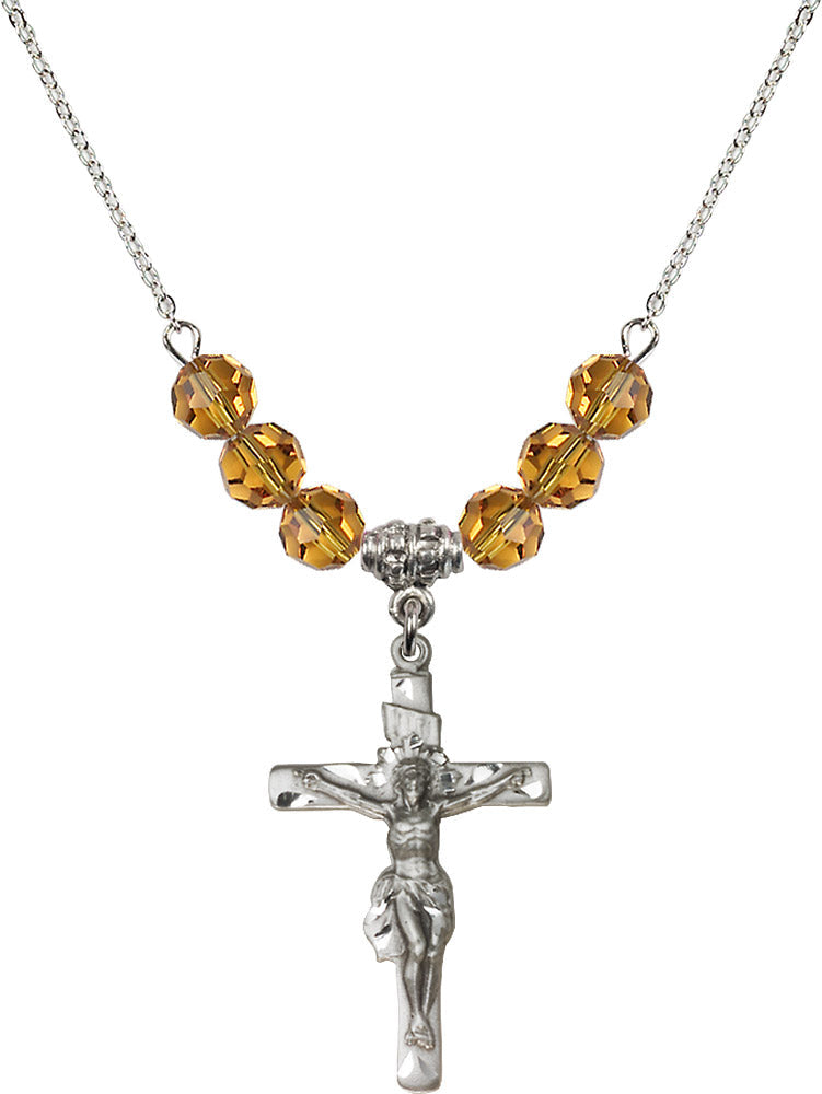 Sterling Silver Crucifix Birthstone Necklace with Topaz Beads - 0668