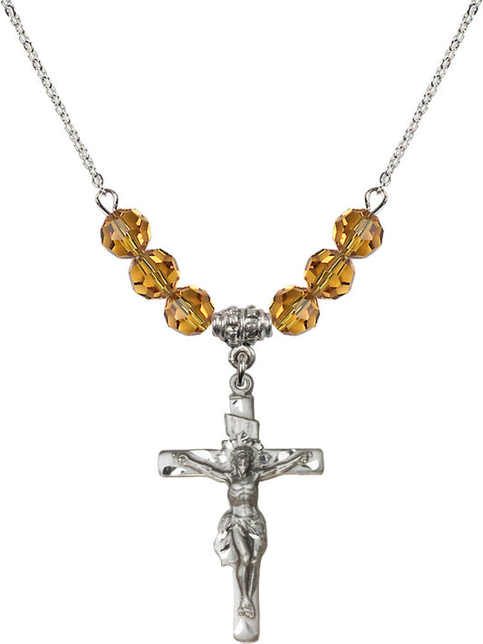 Sterling Silver Crucifix Birthstone Necklace with Topaz Beads - 0668