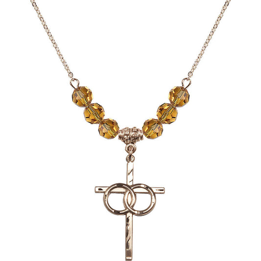 14kt Gold Filled Wedding Rings Cross Birthstone Necklace with Topaz Beads - 0671