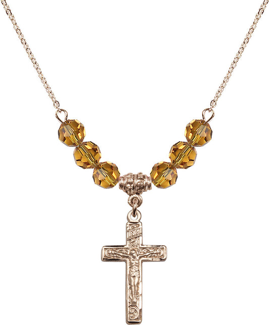 14kt Gold Filled Crucifix Birthstone Necklace with Topaz Beads - 0673