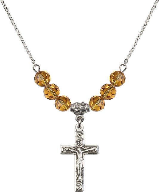 Sterling Silver Crucifix Birthstone Necklace with Topaz Beads - 0673
