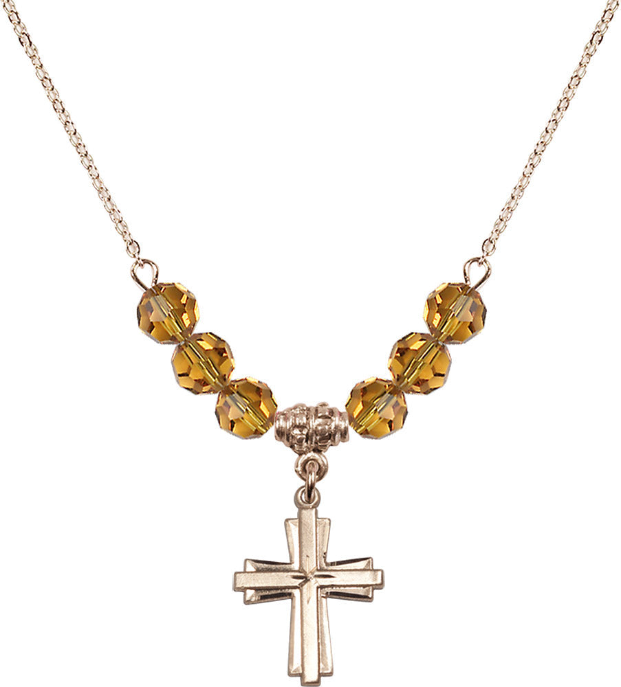 14kt Gold Filled Cross Birthstone Necklace with Topaz Beads - 0675