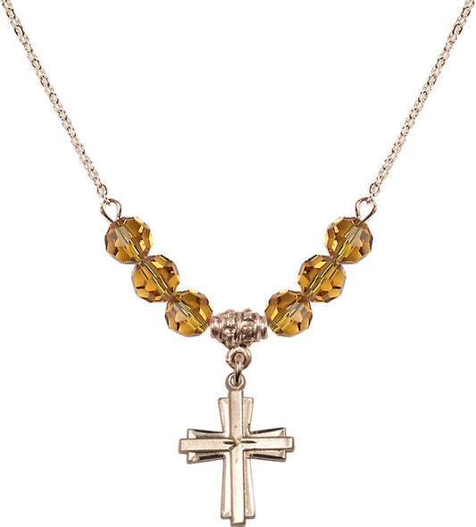 14kt Gold Filled Cross Birthstone Necklace with Topaz Beads - 0675
