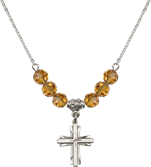Sterling Silver Cross Birthstone Necklace with Topaz Beads - 0675