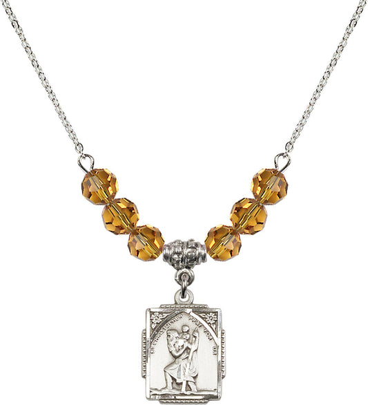 Sterling Silver Saint Christopher Birthstone Necklace with Topaz Beads - 0804