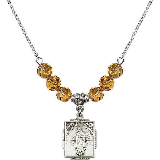 Sterling Silver Our Lady of Guadalupe Birthstone Necklace with Topaz Beads - 0804
