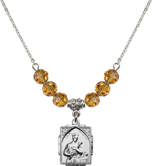 Sterling Silver Saint Gerard Birthstone Necklace with Topaz Beads - 0804