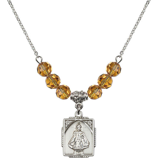 Sterling Silver Infant of Prague Birthstone Necklace with Topaz Beads - 0804