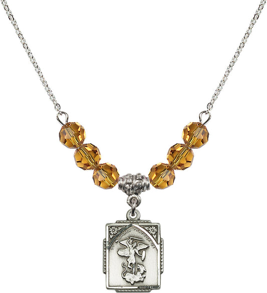 Sterling Silver Saint Michael the Archangel Birthstone Necklace with Topaz Beads - 0804