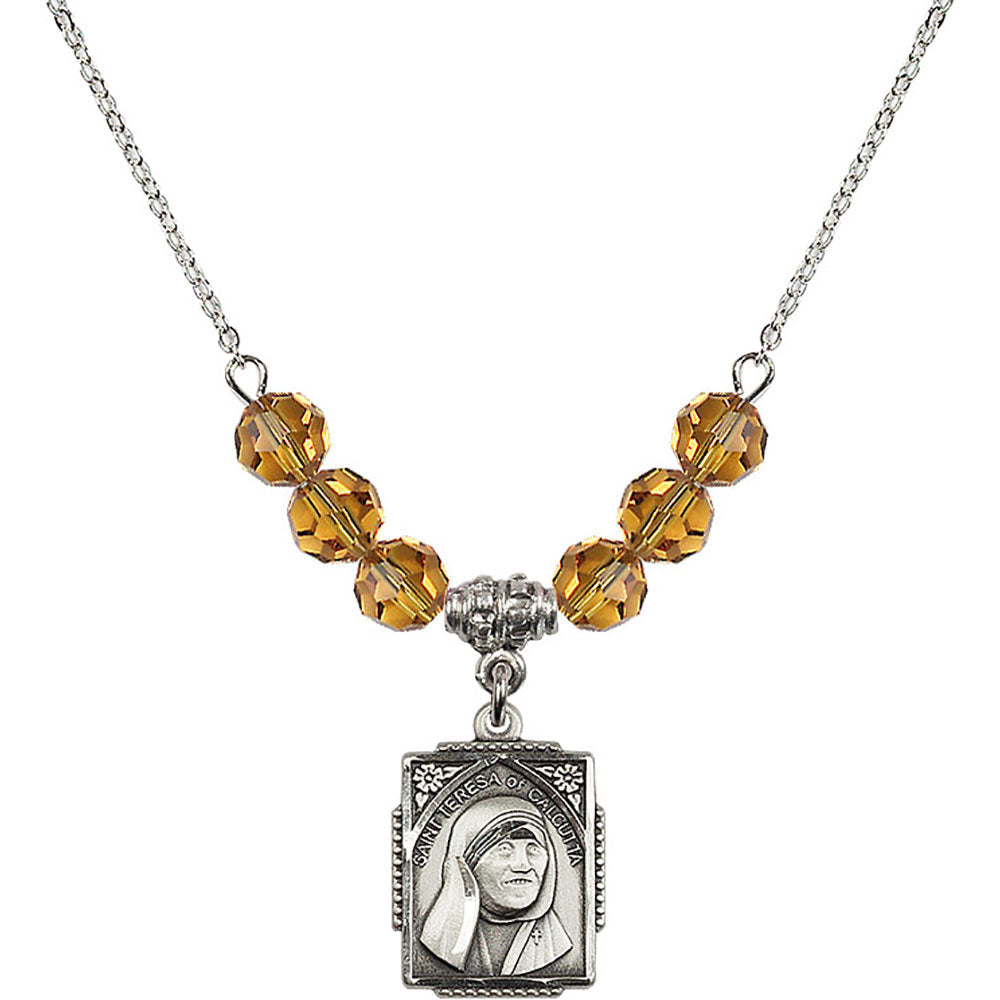 Sterling Silver Saint Teresa of Calcutta Birthstone Necklace with Topaz Beads - 0804