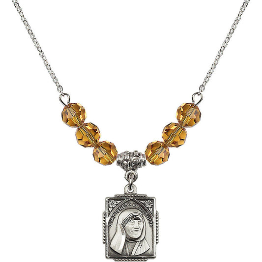Sterling Silver Saint Teresa of Calcutta Birthstone Necklace with Topaz Beads - 0804