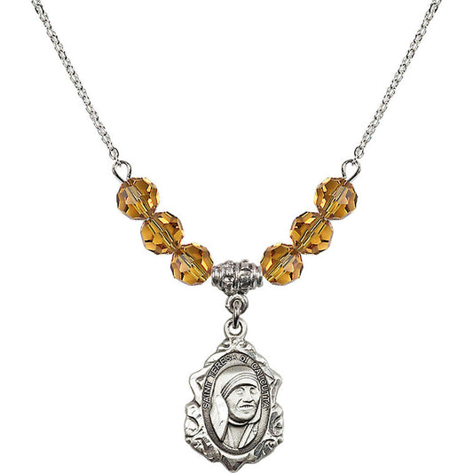 Sterling Silver Saint Teresa of Calcutta Birthstone Necklace with Topaz Beads - 0812