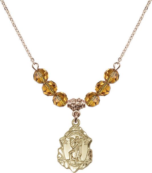 14kt Gold Filled Saint Christopher Birthstone Necklace with Topaz Beads - 0822