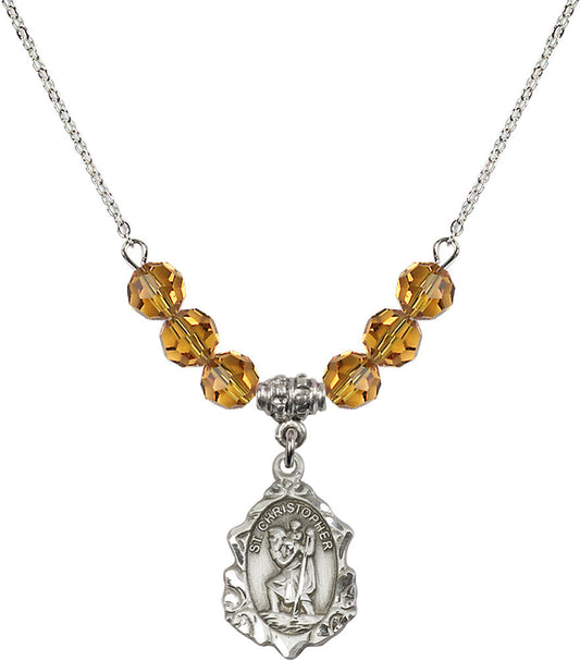 Sterling Silver Saint Christopher Birthstone Necklace with Topaz Beads - 0822