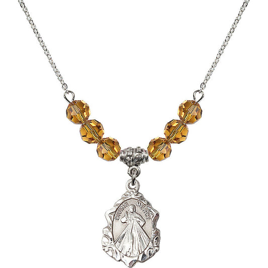 Sterling Silver Divine Mercy Birthstone Necklace with Topaz Beads - 0822