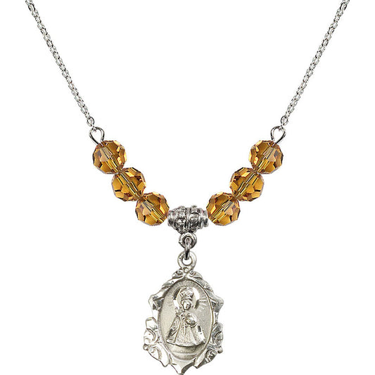 Sterling Silver Infant of Prague Birthstone Necklace with Topaz Beads - 0822